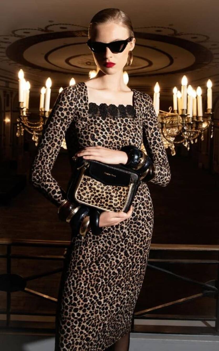 Nadya Toto Lugano Midi Lace Trim Dress in Leopard M